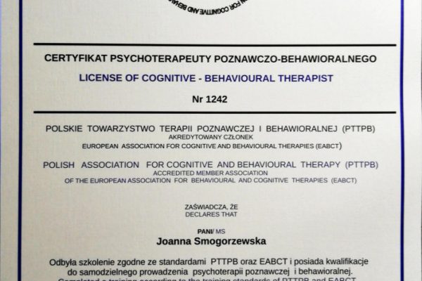 Joanna Smogorzewska certyfikat psychoterapeuty